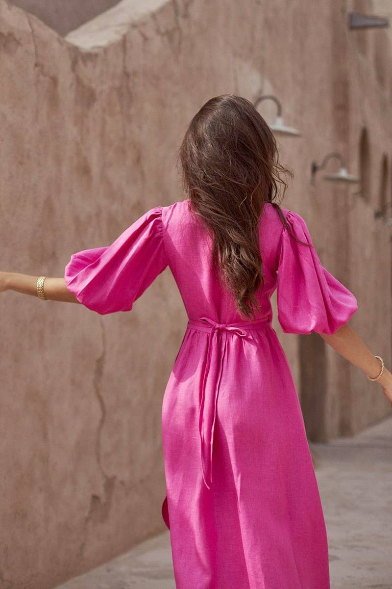 CWDMD5246_COTTON TIE-BACK PUFF SLEEVE MAXI DRESS