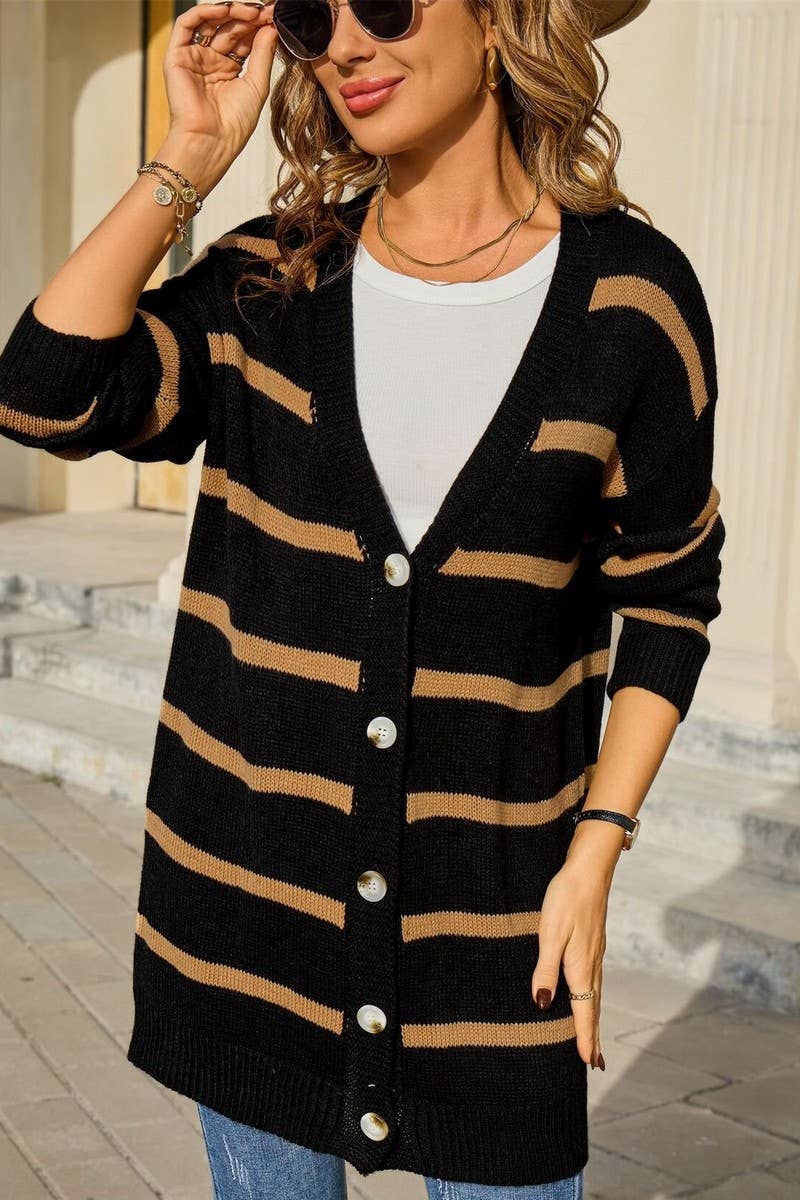 CWOCAL00803_BUTTON STRIPE LOOSE KNIT CARDIGAN JACKET