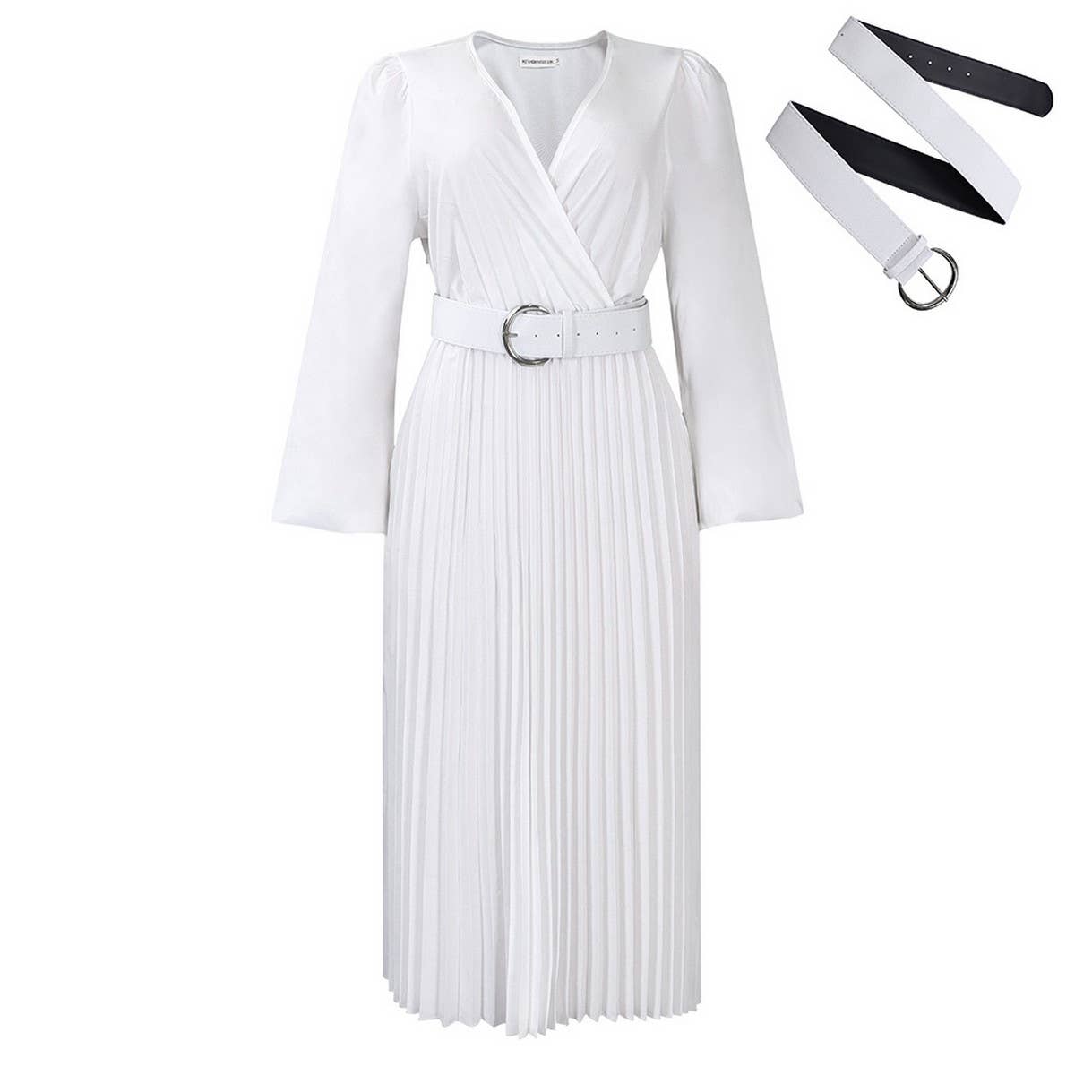 FASHION LONG SLEEVE V-NECK PLEATED MIDI DRESS_CWDMD3669