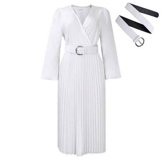 FASHION LONG SLEEVE V-NECK PLEATED MIDI DRESS_CWDMD3669