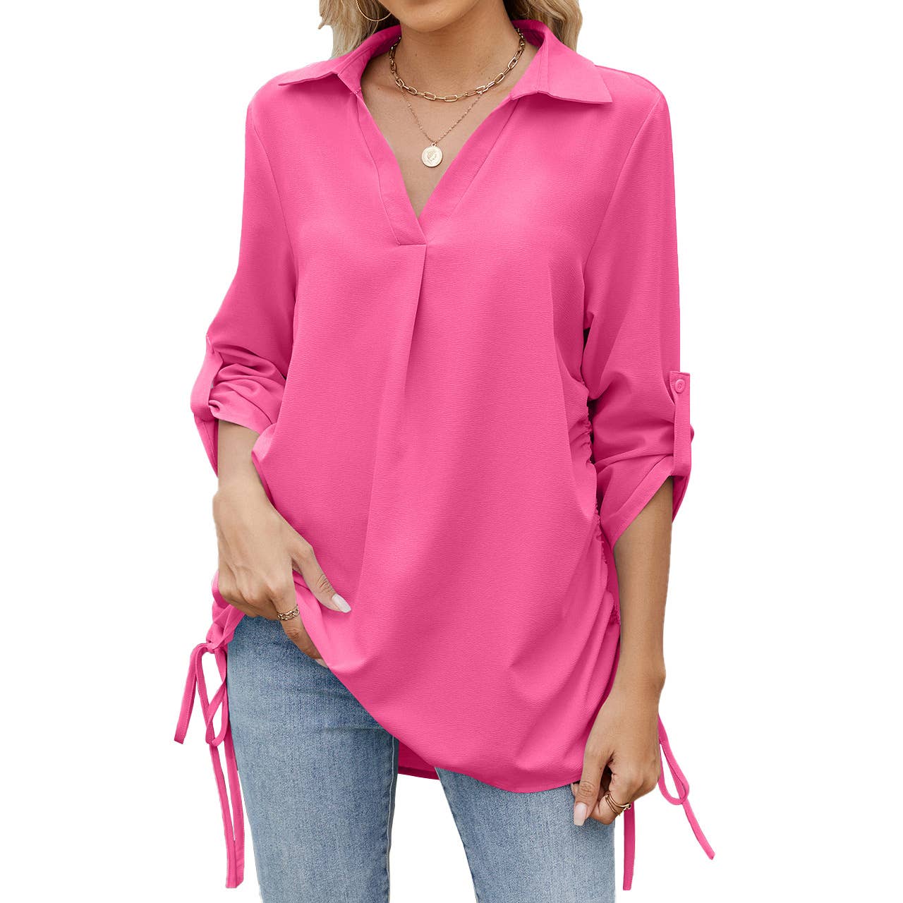 Solid color lapel loose mid-sleeved chiffon shirt