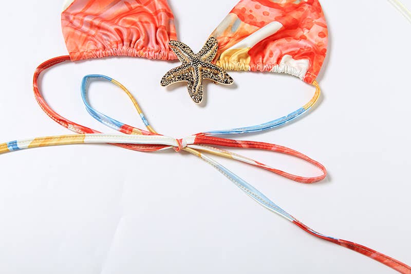 Sexy Tie Front Printed Bikini Three-Piece Set