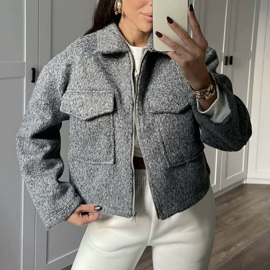 SOLID COLOR LAPEL ZIP-UP CROPPED JACKET