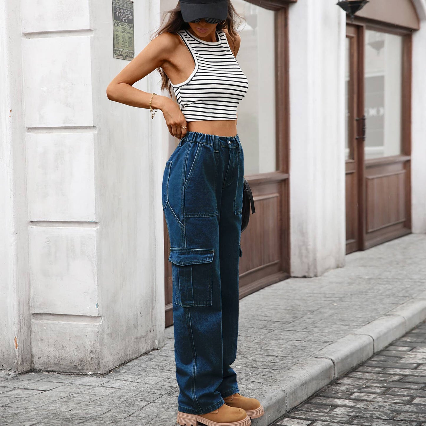 Multi-pocket wide-leg denim workwear jeans