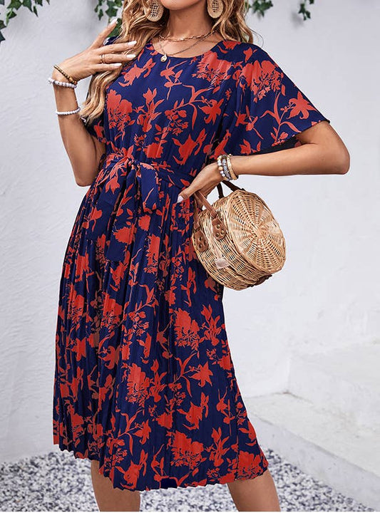 SUMMER CREW-NECK SHORT-SLEEVED PRINTED DRESS