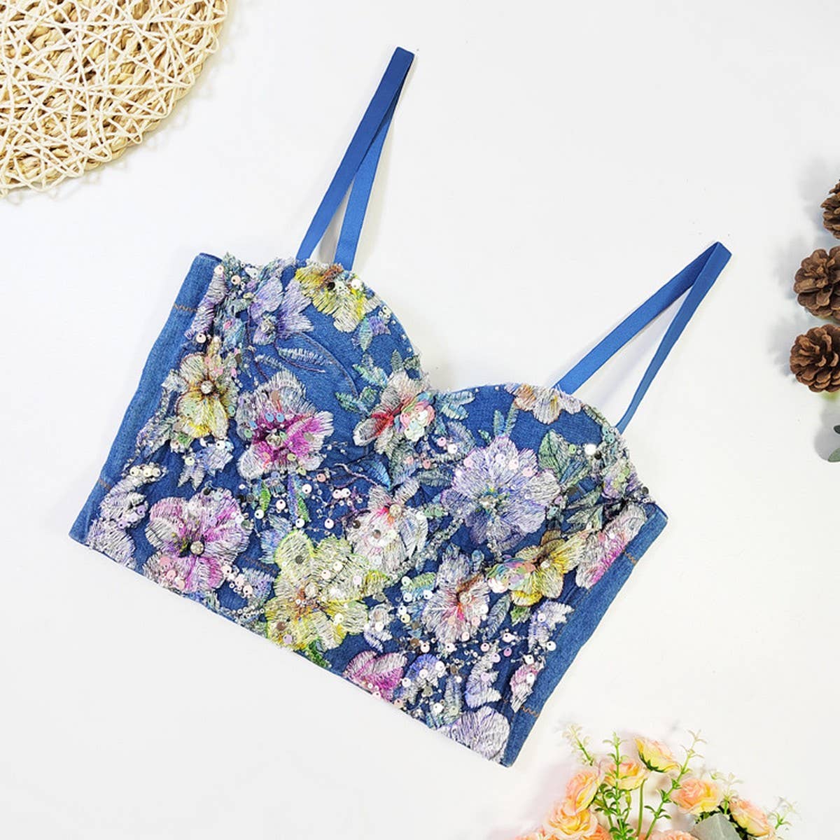 HIGH-END DENIM FLOWER PATCHWORK HERRINGBONE BRA