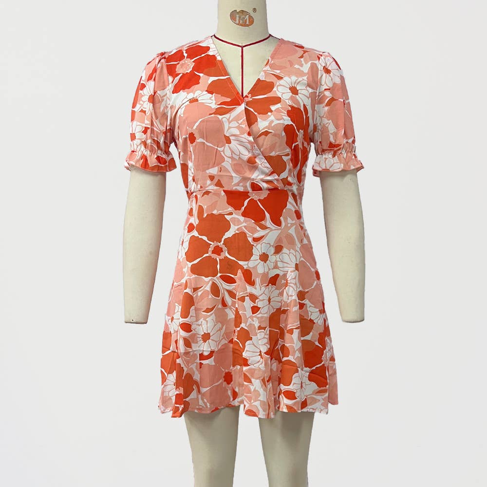 V-NECK PRINTED WAIST SKIRT DRESS