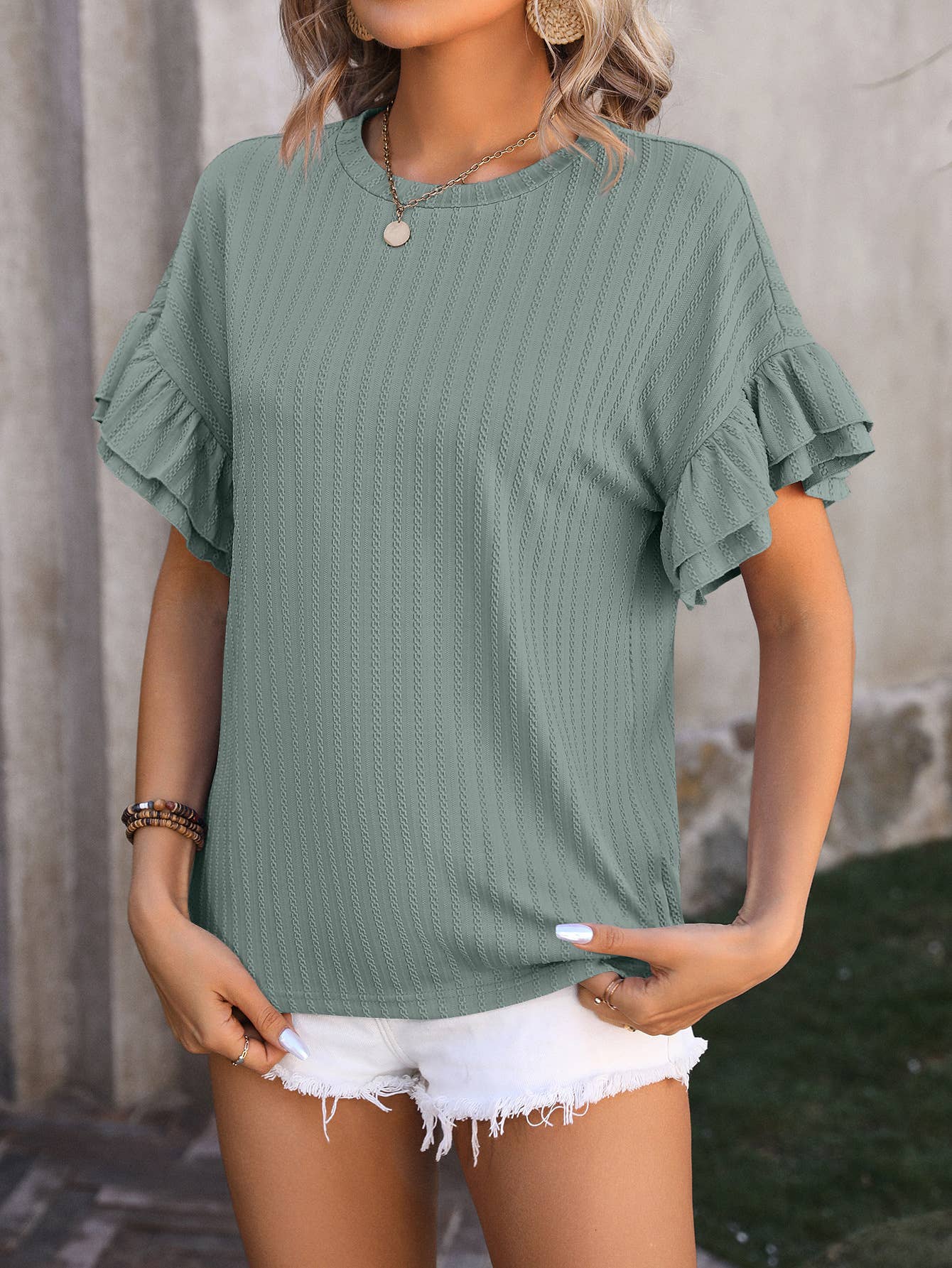 Solid color ruffle sleeve loose fit T-shirt