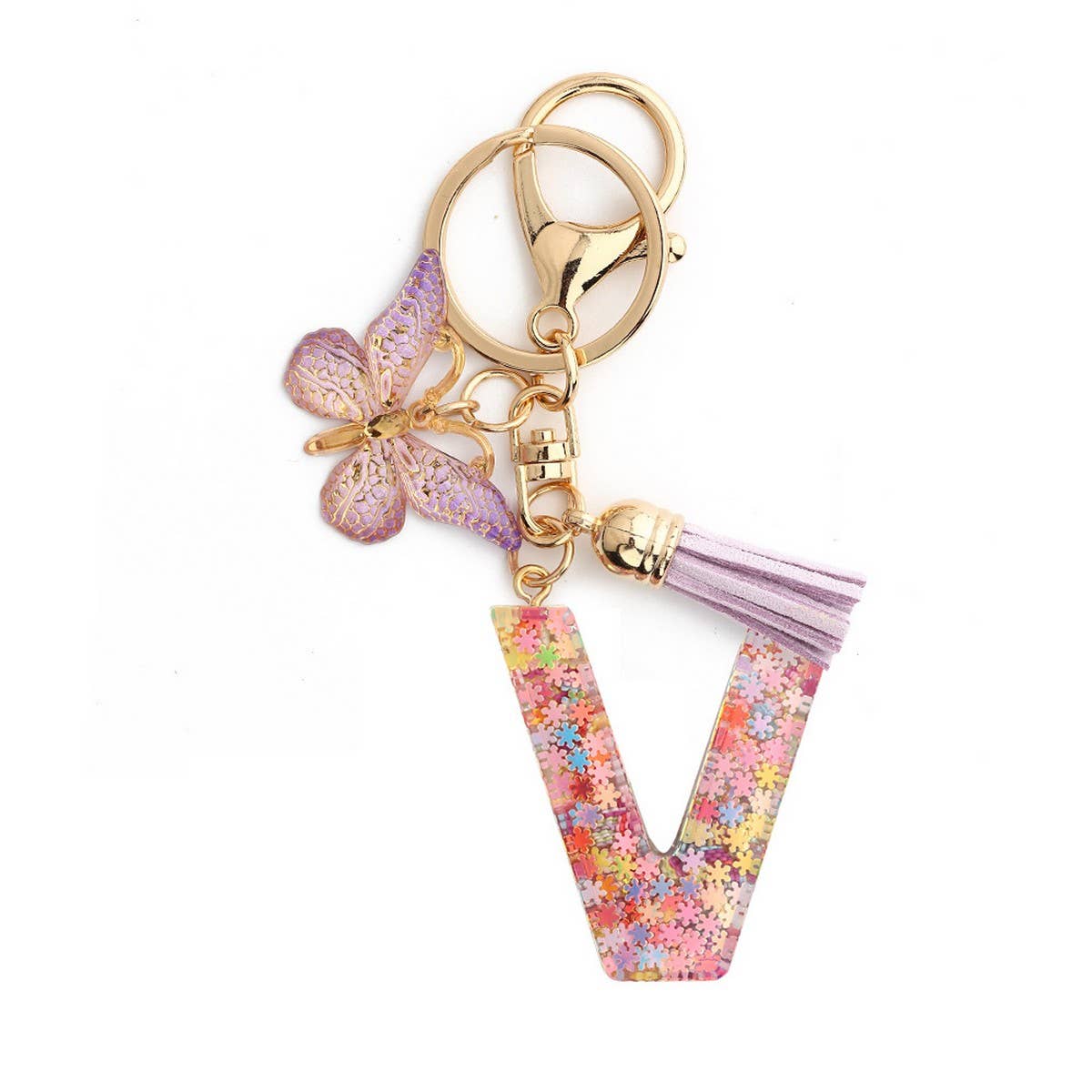 Pink Snowflake Letter Butterfly Keychain_CWMM6865