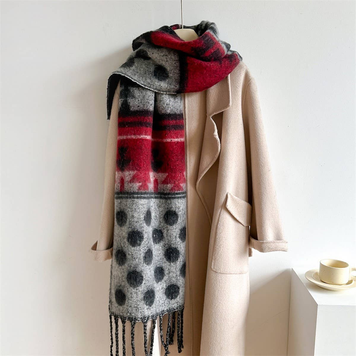 Woolen Scarf, Long & Thick, Polka Dot Fringe Shawl_CWASC0987