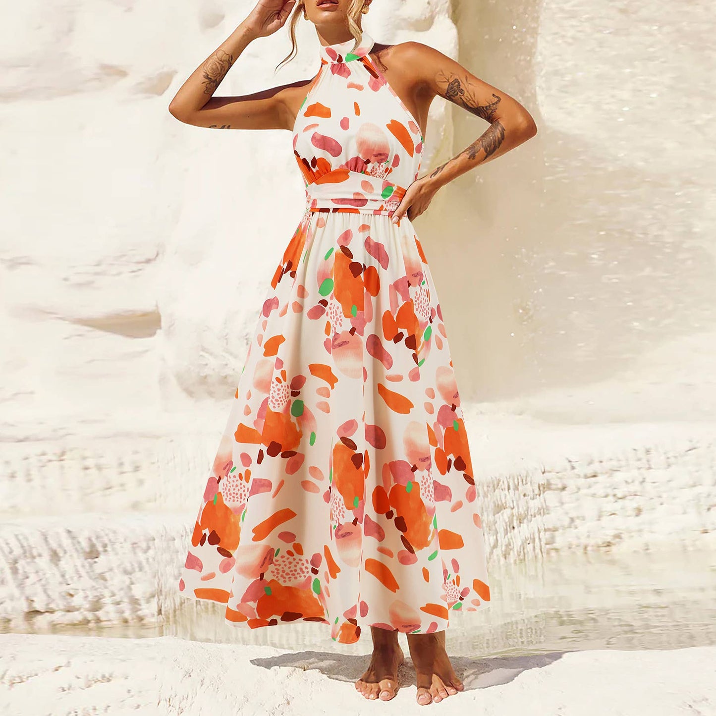 Sleeveless Halter Neck Printed Midi Dress