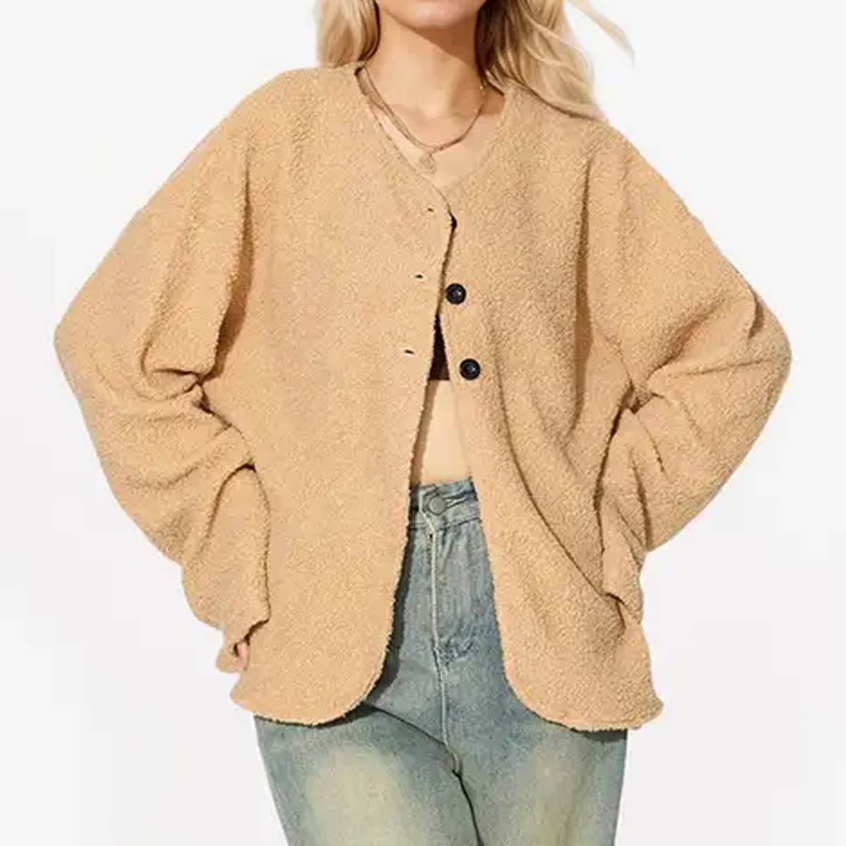 Round neck zipper plush solid color pocket casual cardigan