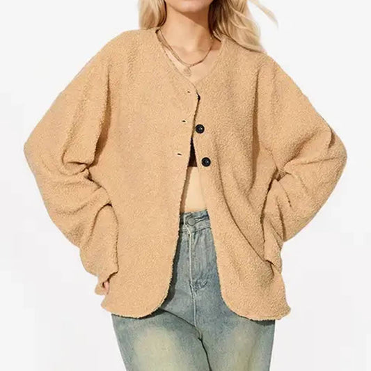 Round neck zipper plush solid color pocket casual cardigan