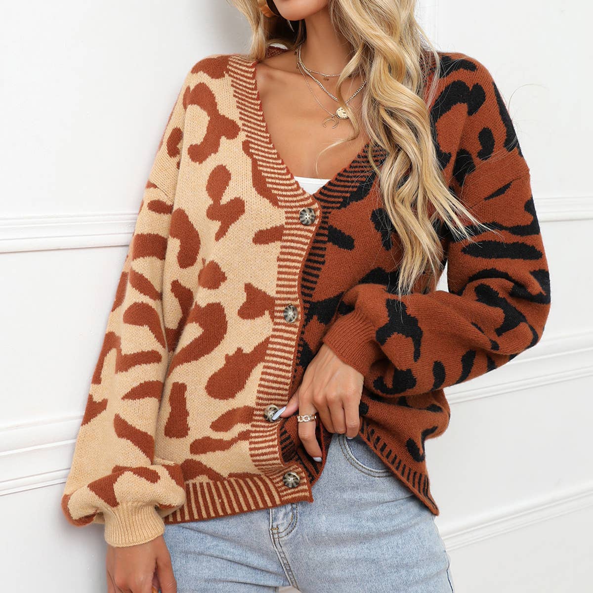 Printed Knit Single Breasted Leopard Knit Cardigan