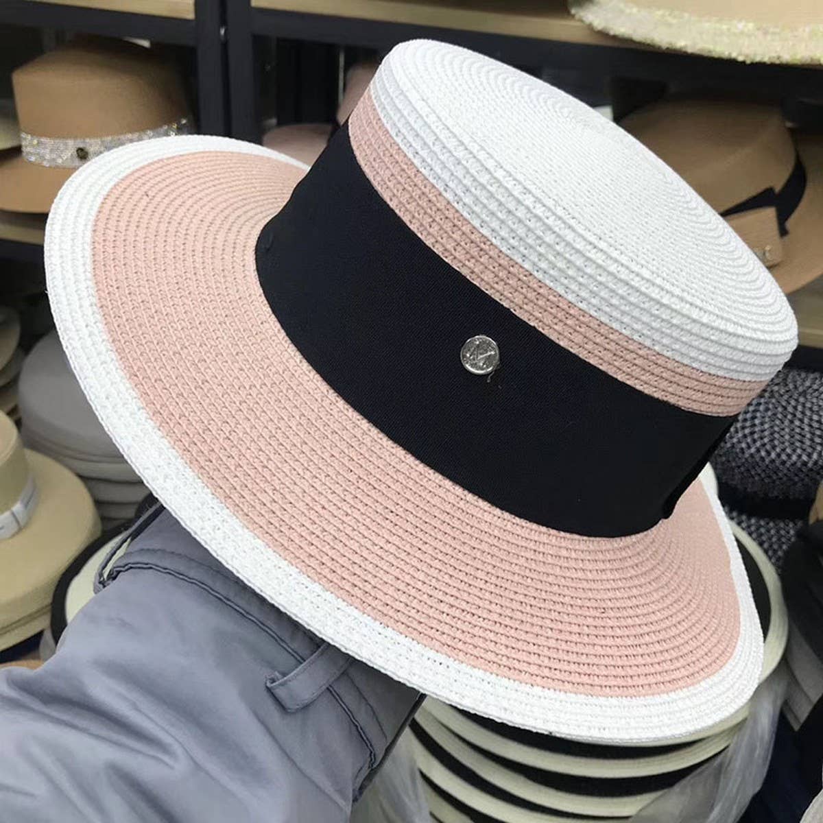 Designer fashion flat top straw hat for women_CWAH3438