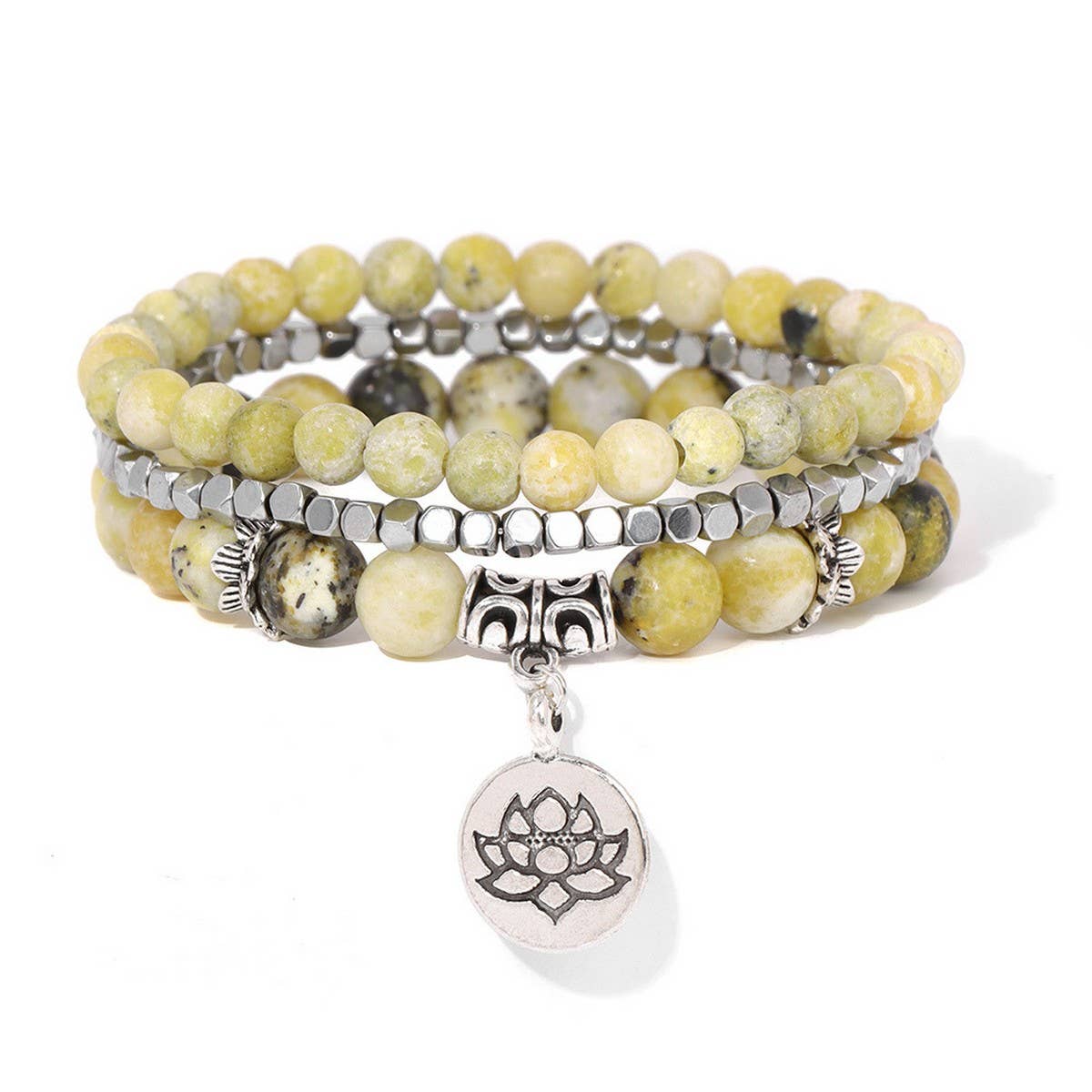 CWAJE4221_NATURAL STONE LOTUS PENDANT THREE-LAYER BRACELET