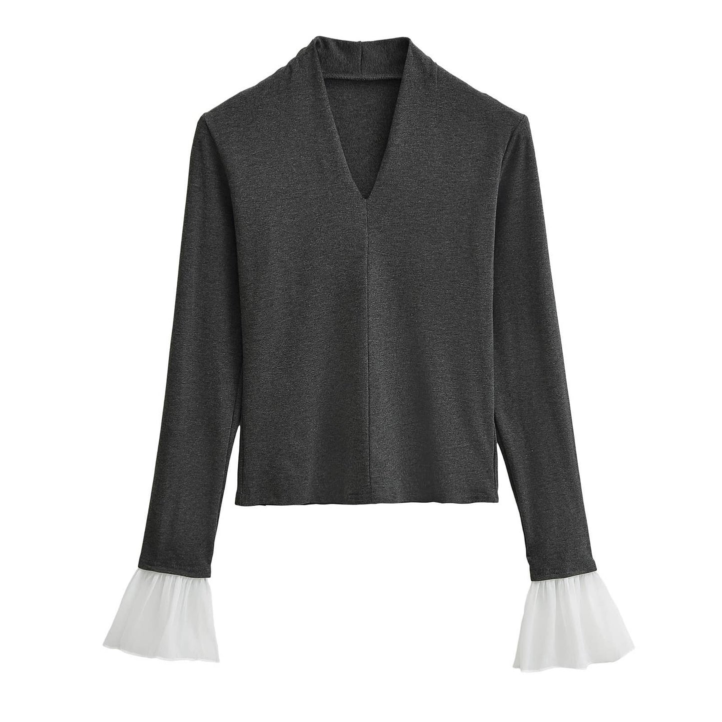 FLARED SLEEVE SPLICING V-NECK STYLE BASE SHIRT