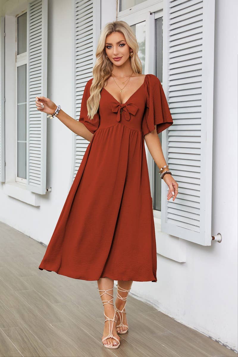 V-neck bow pleated mid-length short-sleeved dress