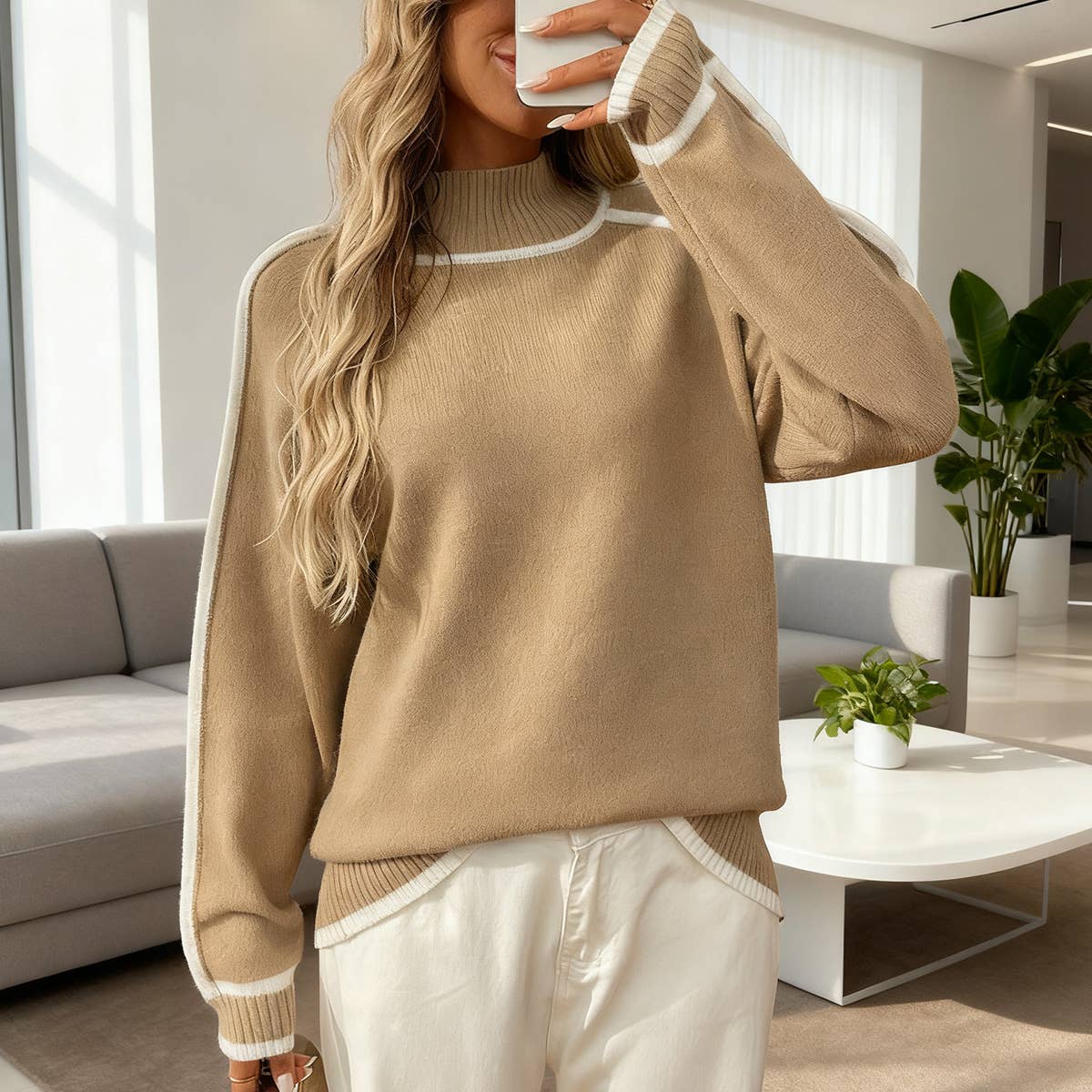 Semi-high-neck laid-back color-blocking sweater