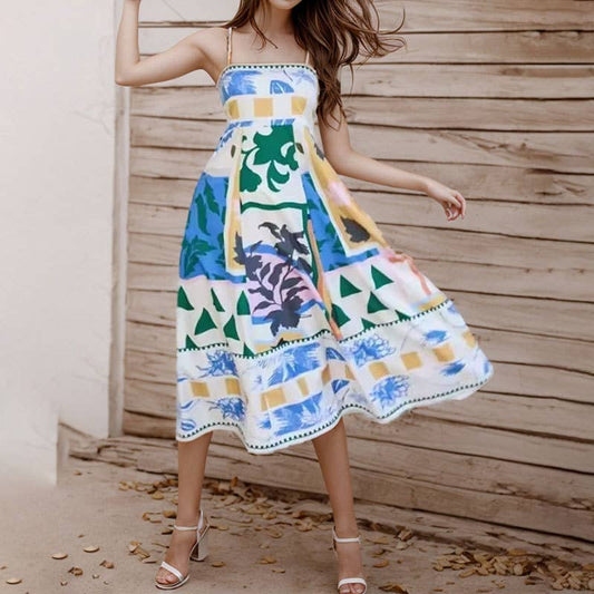 Top top print style pleated halter dress