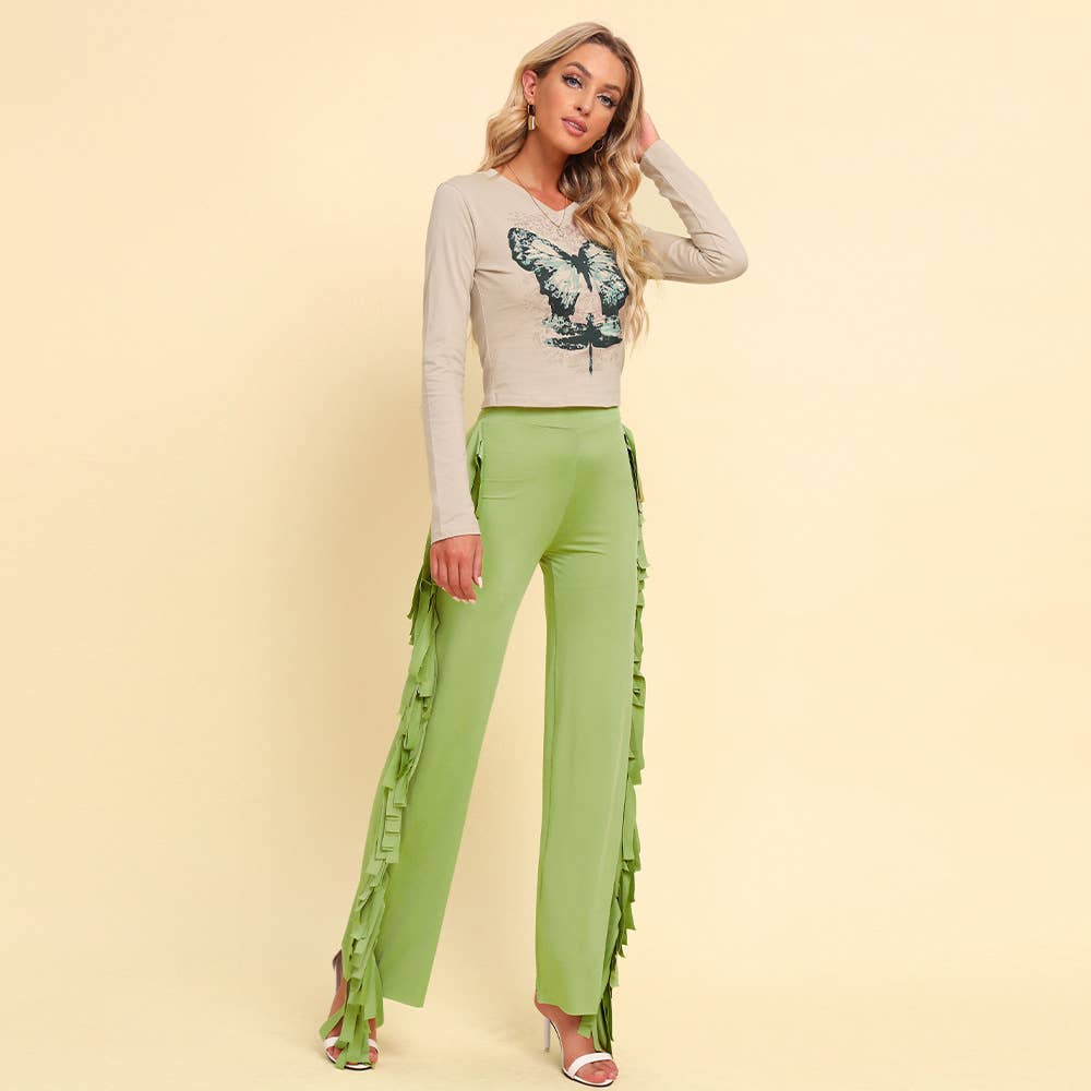 Tassel high-waisted solid color wide leg pants