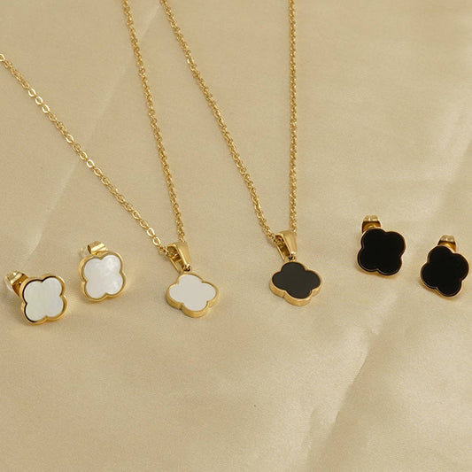 FOUR LEAF CLOVER SHELL EARRINGS NECKLACE SET