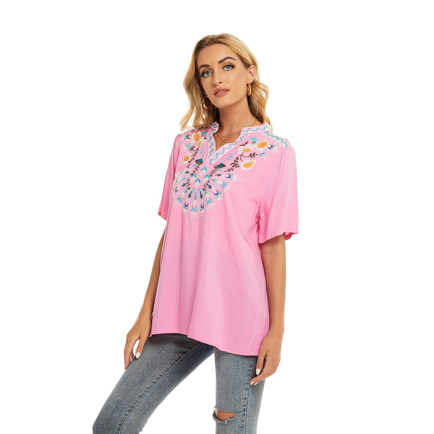 Embroidery ethnic style V-neck short sleeve