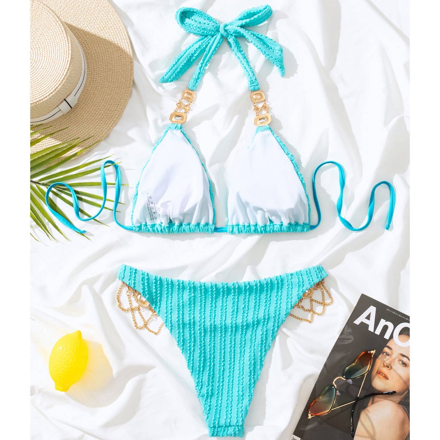 Lake Blue Bikini Set - Women Rhinestone Swimsuit _CWMW0697