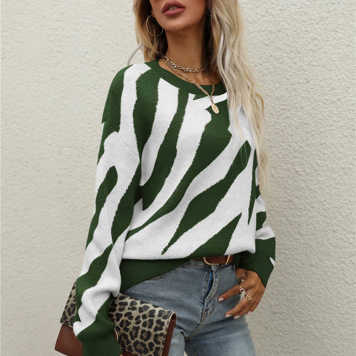 Striped stylish knit pullover sweater
