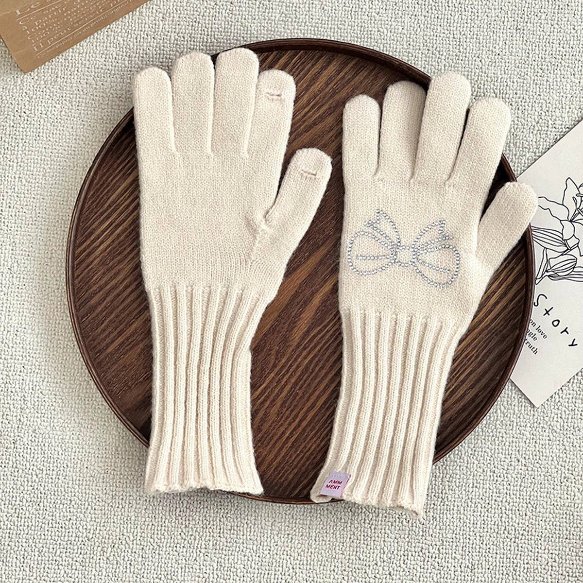 RHINESTONE BOW TOUCH SCREEN FIVE-FINGER GLOVES_CWAG0141