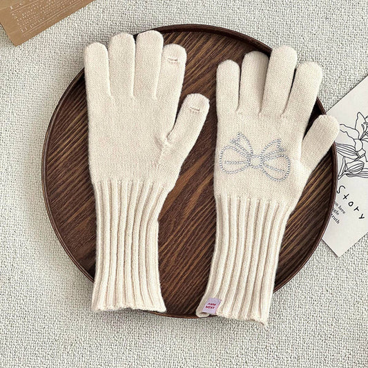RHINESTONE BOW TOUCH SCREEN FIVE-FINGER GLOVES_CWAG0141