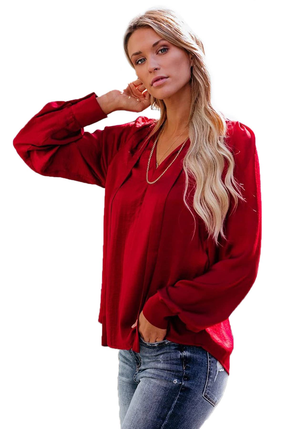 SOLID COLOR V-NECK LACE-UP LONG SLEEVE SHIRT