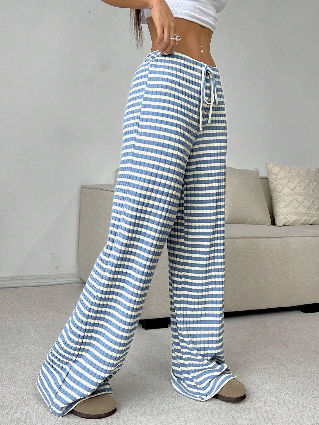 STRIPED RUBBER STRING COTTON STRAIGHT LEG PANTS