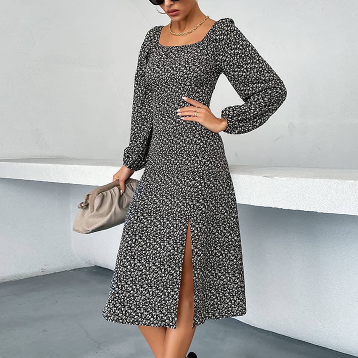 LONG-SLEEVED FLORAL SQUARE COLLAR FRENCH DRESS