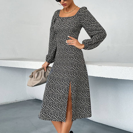 LONG-SLEEVED FLORAL SQUARE COLLAR FRENCH DRESS