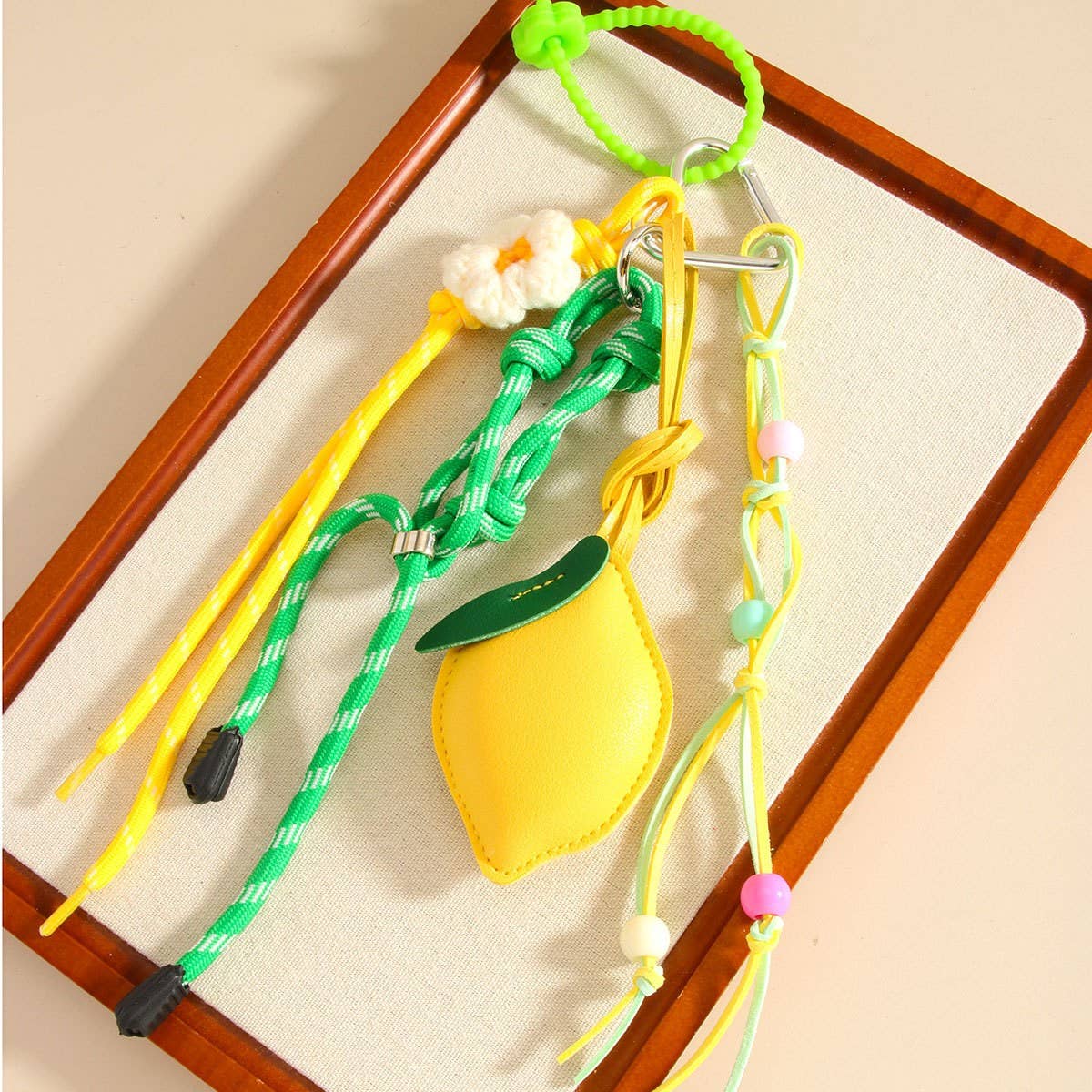 Lemon PU Charm Keychain with Beads & Flowers