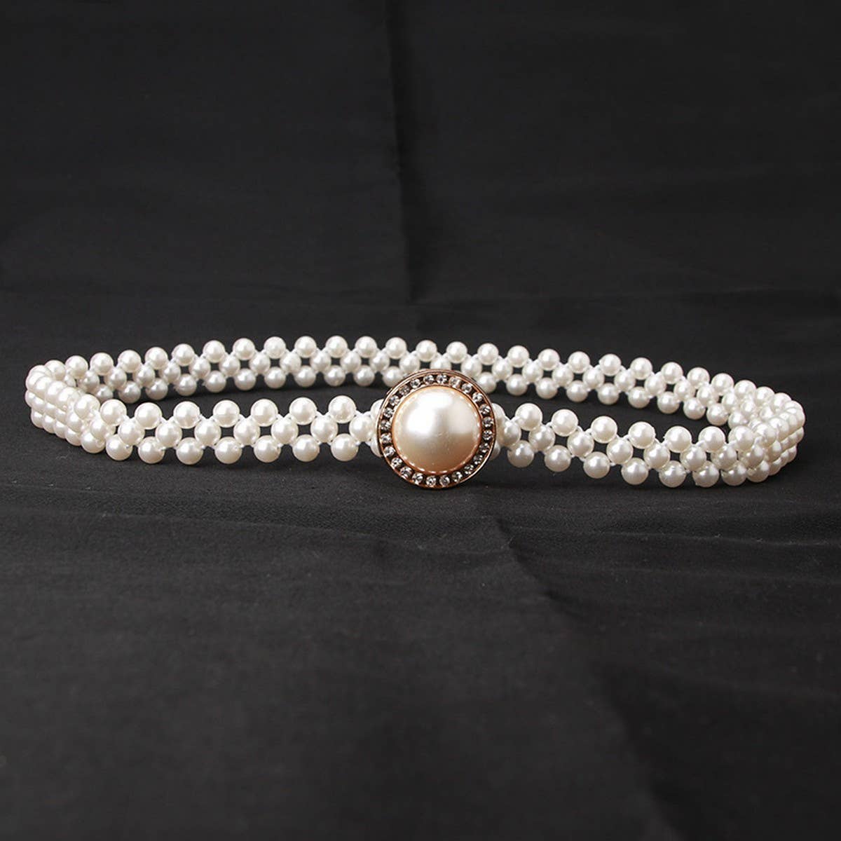 PEARL WOVEN ELASTIC BELT RHINESTONE ALLOY BUCKLES_CWABE0395