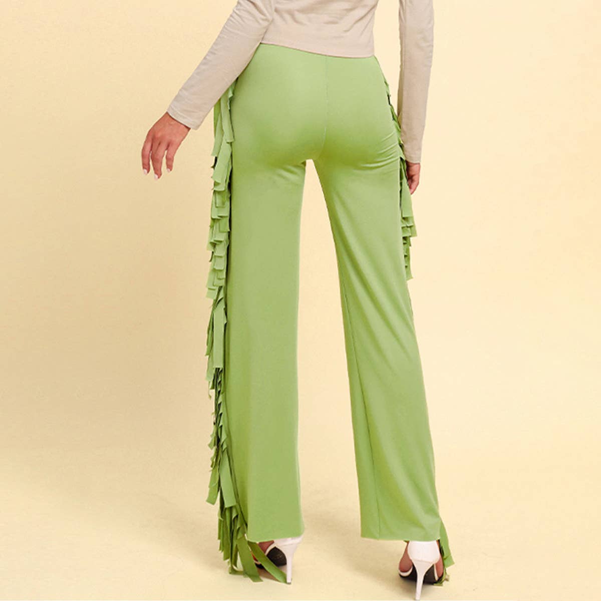 Tassel high-waisted solid color wide leg pants