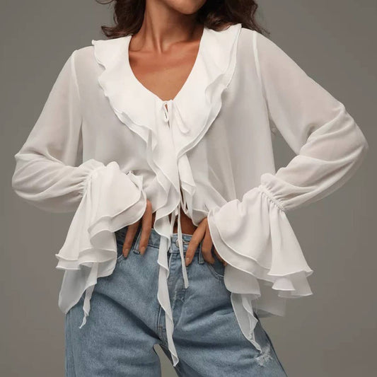 Stylish lace-up design shirt with ruffled edge
