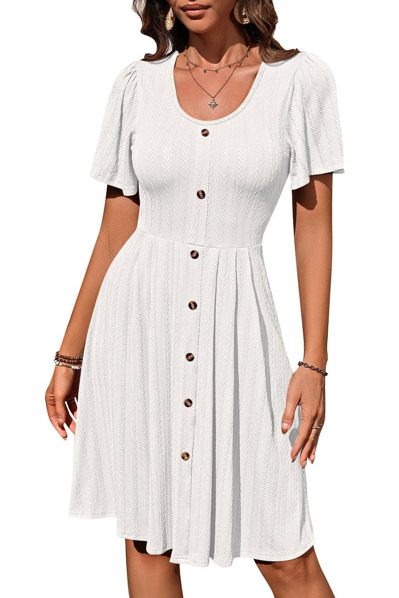 CWDSD6685_ROUND NECK BUTTON STRETCH SHORT SLEEVE DRESS