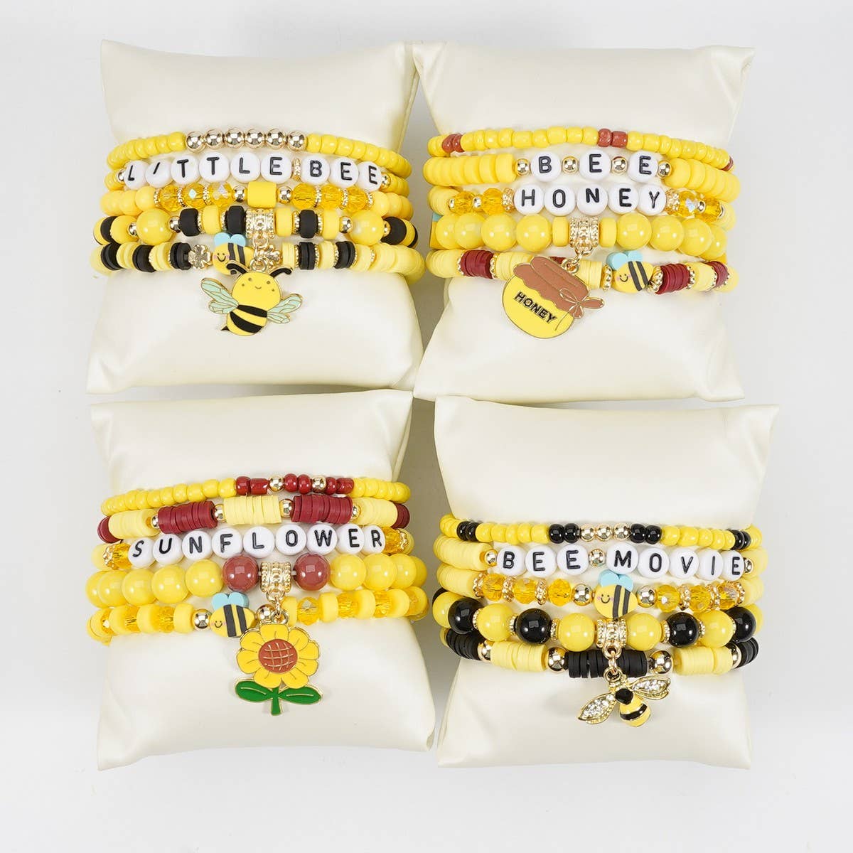 CWAJE05713_BEE SUNFLOWER CHARM BEADED STRETCH BRACELET
