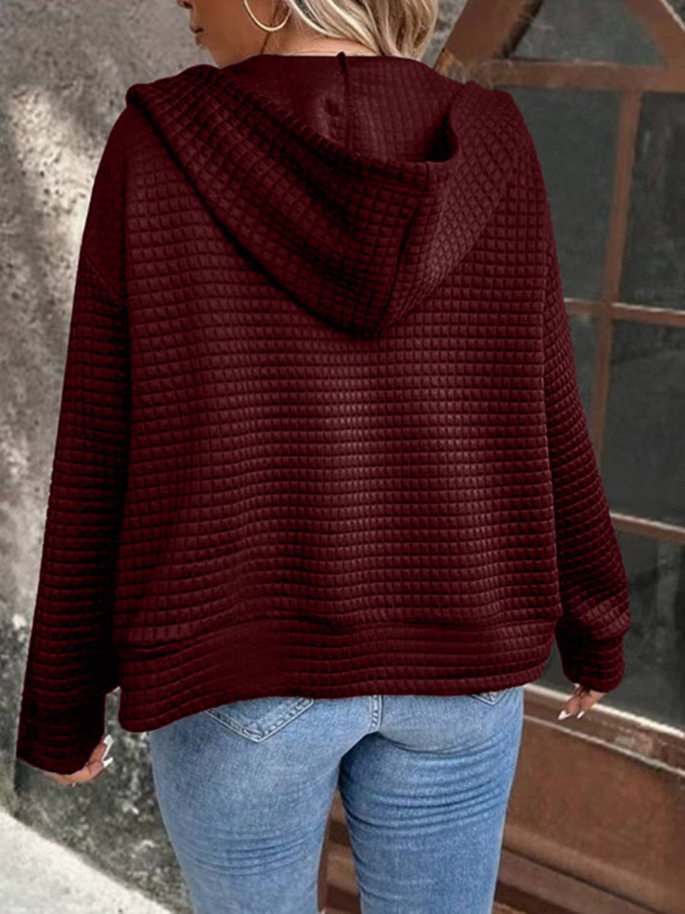 WAFFLE COAT WITH HOODED DRAWSTRING SPORTS ZIPPER