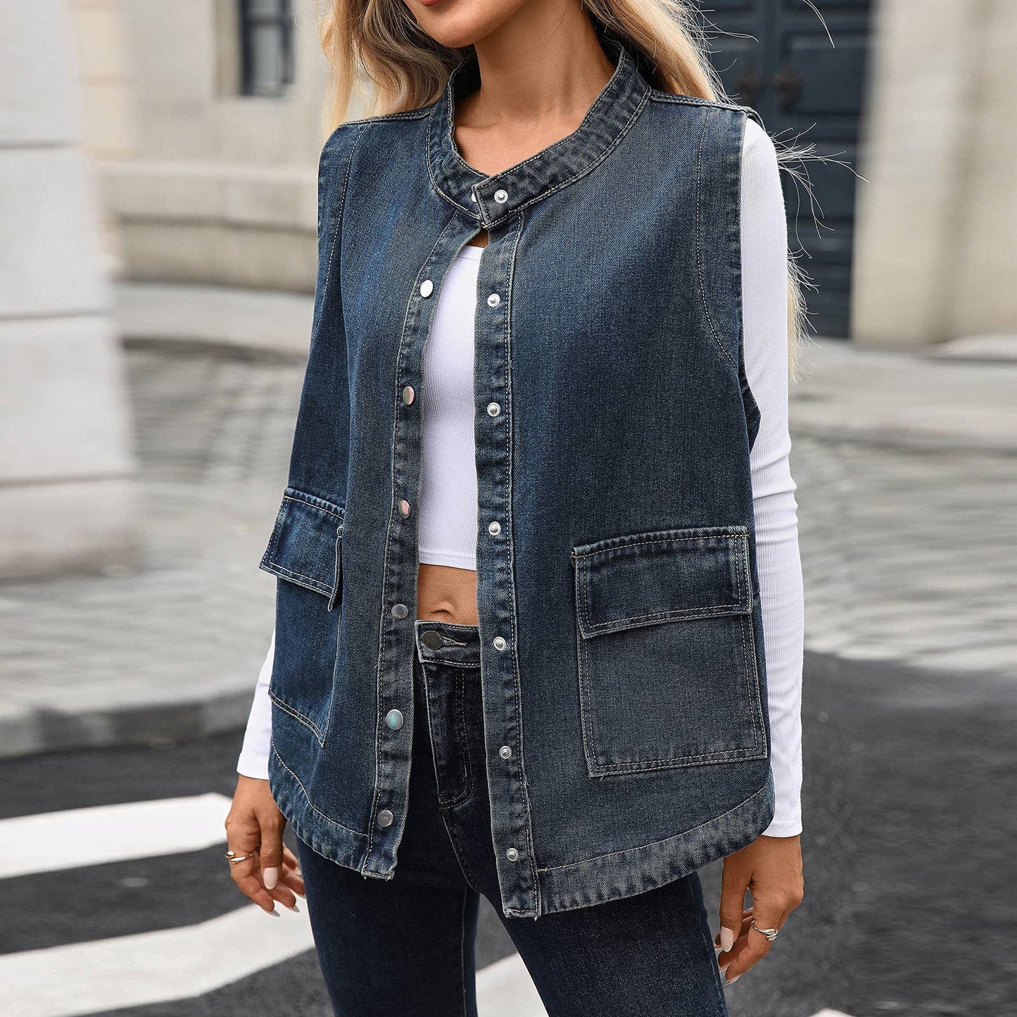 Washed casual loose denim vest jacket