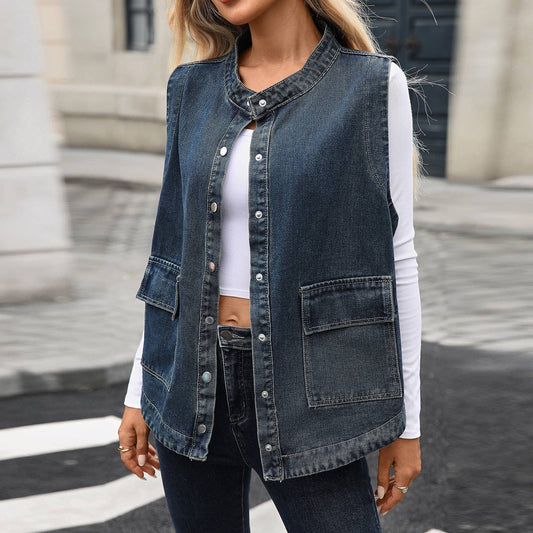 Washed casual loose denim vest jacket