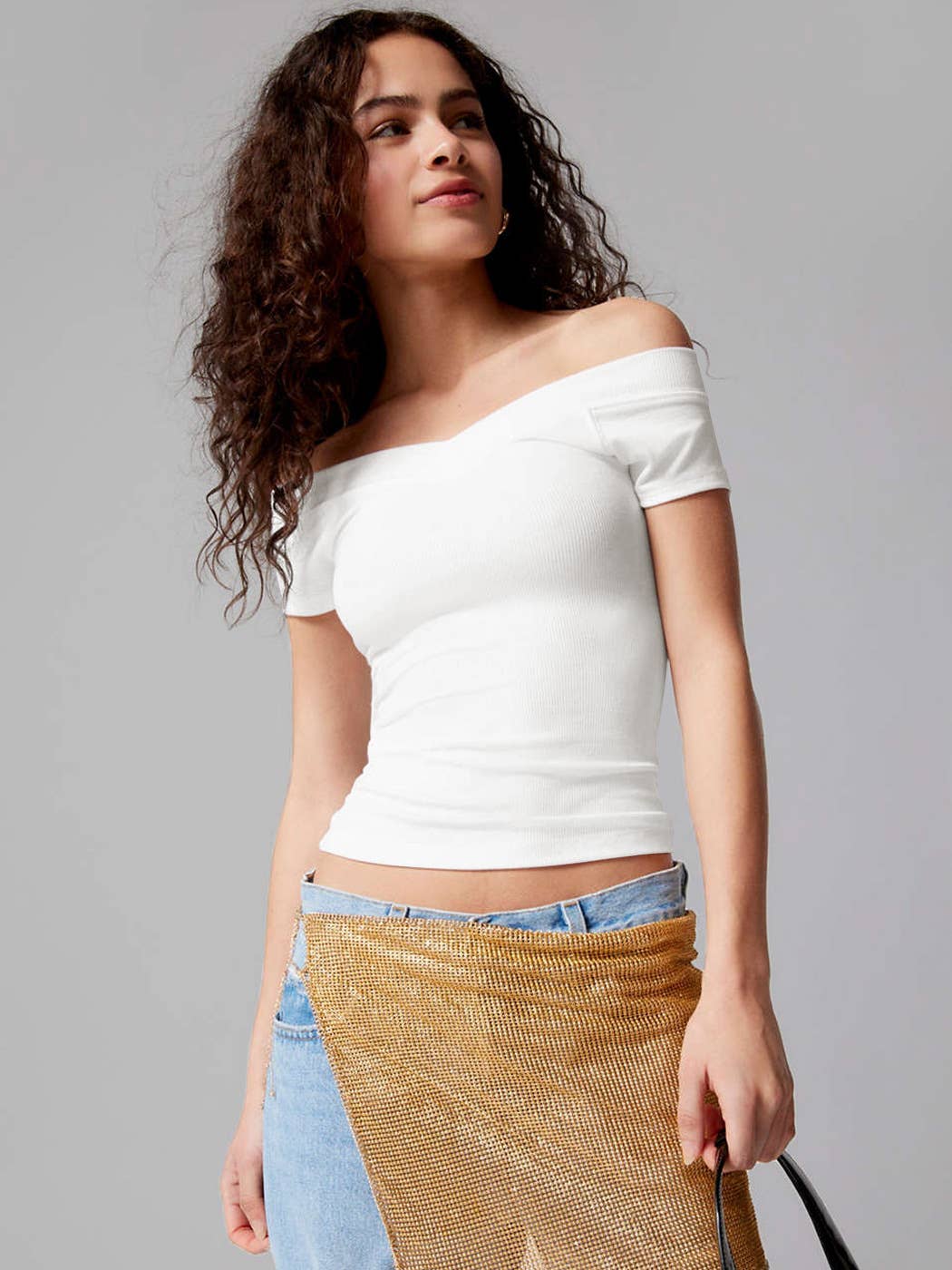 Solid-color V-neck knitted form-fitting T-shirt