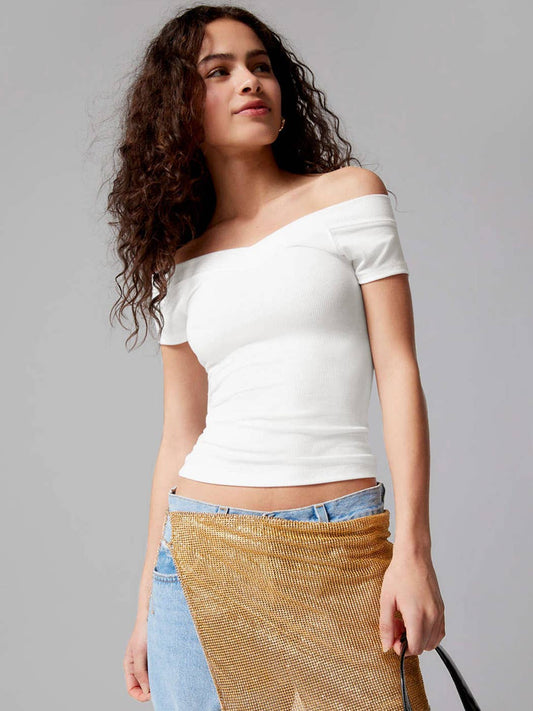 Solid-color V-neck knitted form-fitting T-shirt