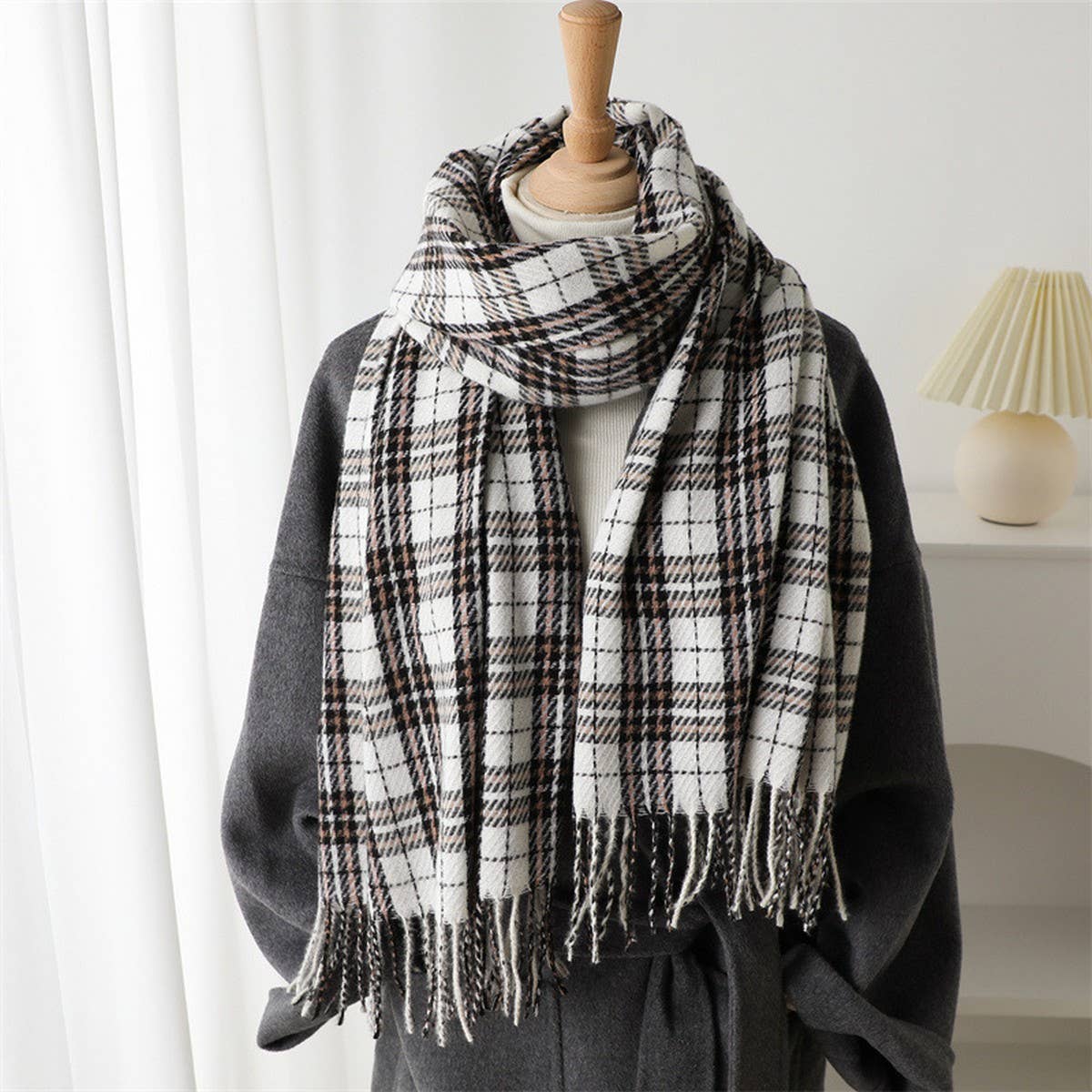 Elegant Plaid Tassel Scarf for Fall Winter