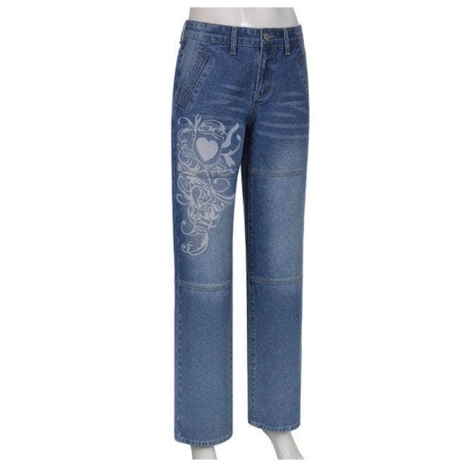 Fashion printed straight-through wide-leg jeans
