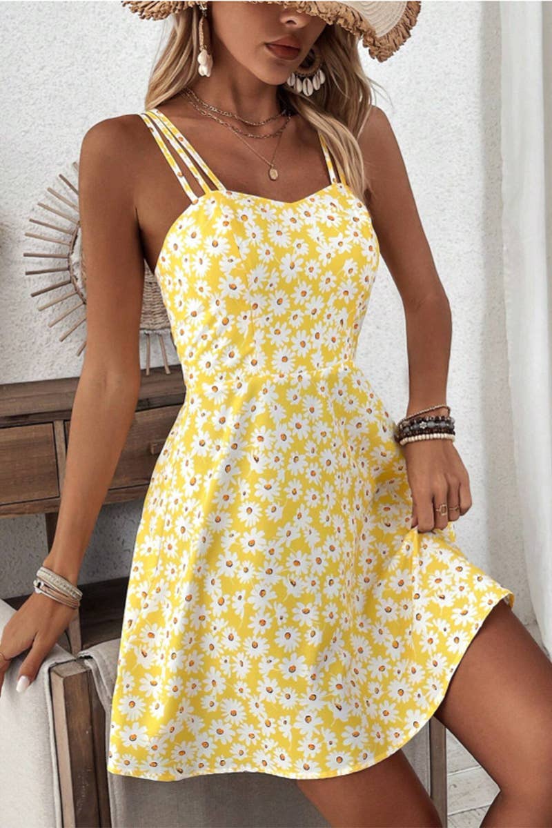 Short waistline yellow floral print halter dress