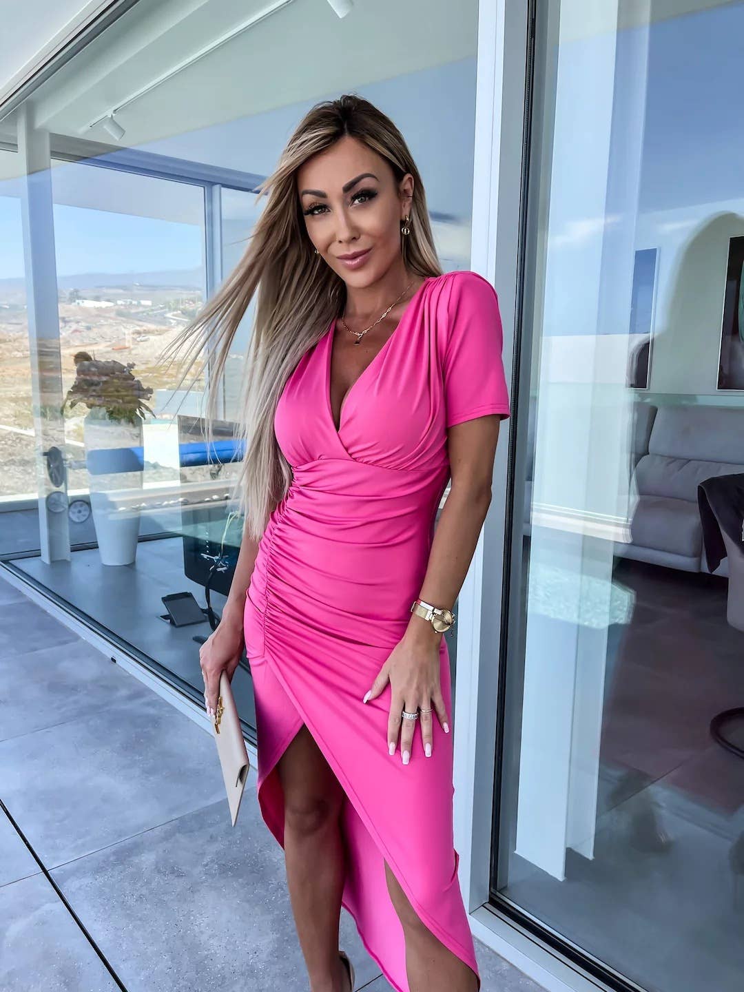 SEXY V-NECK PLEATED FASHION DRESS WITH HIGH SLIT